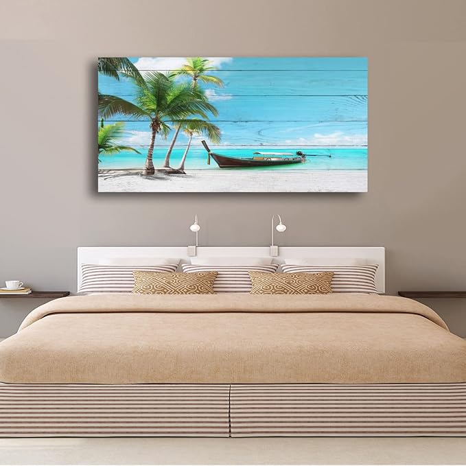 Beach Canvas Wall Art Seascape Pictures Home Decor Ocean Coconut Tree Sunset Poster Prints Paintings for Living Room Bathroom Bedroom Kitchen Office Decorations Natural Landscape Artwork 24x48inches