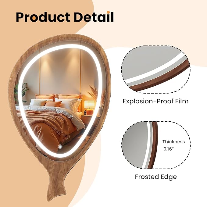 LED Wall Mirror Irregular Asymmetrical Wall Mirror for Living Room Bathroom Entryway, Modern Decorative Mirror Hanging (Hook Style, 30'' x 18''Walnut