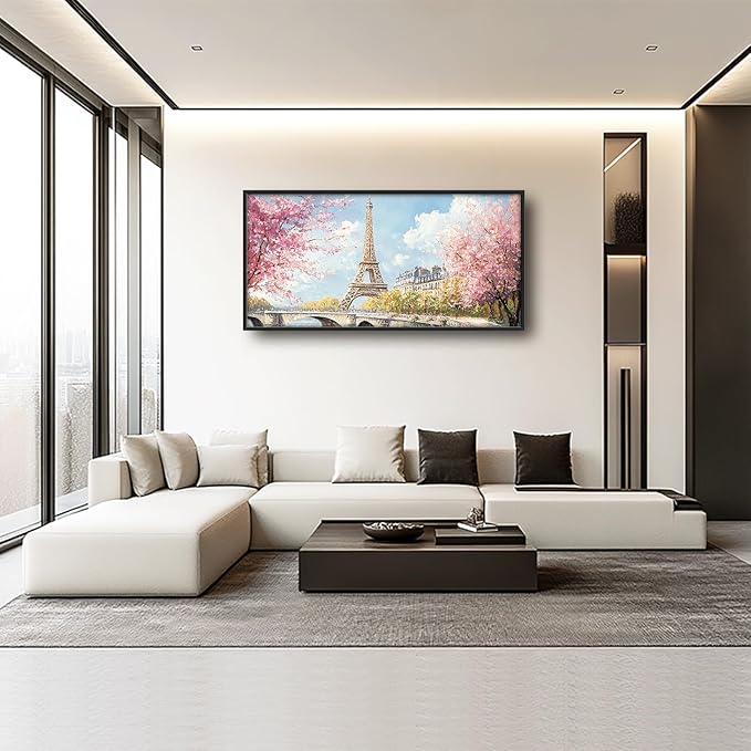 Eiffel Tower Framed Wall Art for Living Room, Large Paris Tower Canvas Wall Decor, Pink Cityscape Pictures Painting, Natural Landscape Modern Artwork for Living Room Bedroom 60L'' × 30W''