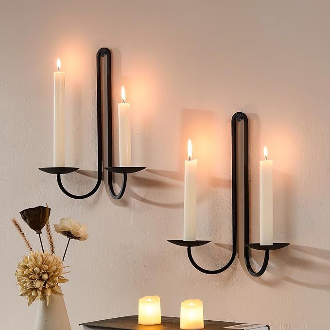 Wall Candle Holder Set of Two, Metal Black Candle Sconces Wall Decor, Hanging Candle Holder Fits Taper Candle/LED Tea Lights, Wedding Housewarming Gifts for Farmhouse Living Room Fireplace
