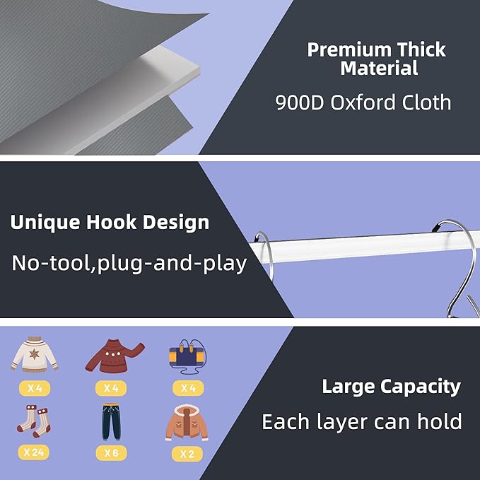 Twira 6-Shelf Hanging Closet Organizer, 2 Separable 3-Shelf Hanging Shelves, Hanging Storage with 3 Removable Drawers 4 Side Pockets, Storage Organizer for Closet, Nursery (Dark Grey)