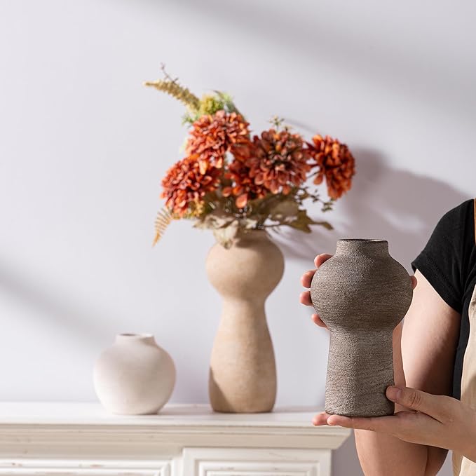 Ceramic Vase Home Table Decor - Flower Vase Set of 3 Living Room Kitchen Decorations Farmhouse Modern Rustic Vases Decorative Centerpiece for Shelf Bedroom Office Bathroom Dining Coffee Desk