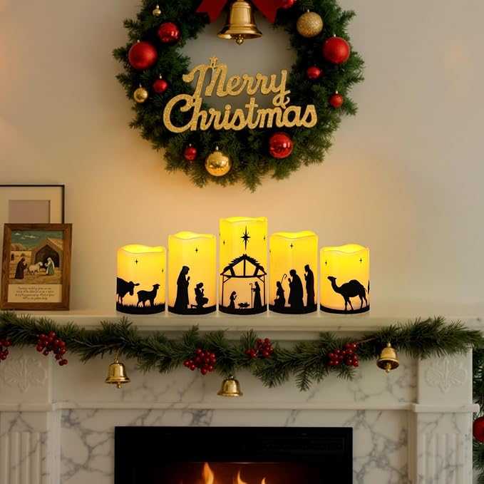 Christmas Decorations Indoor Outdoor, Nativity Scene Candle Set with Remote Time, Religious Holiday Home Table Mantel Room Decor Centerpieces, Xmas Gift, Battery Operated Flameless Candles, Waterproof