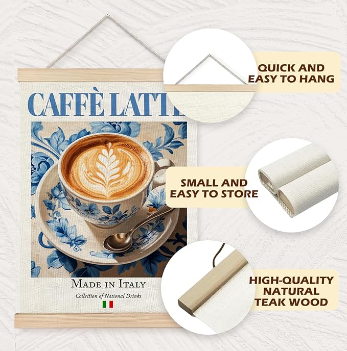 Yomisex Italy Caffè Latte Prosecco Wall Art Poster, Traditional Italian Beverage on Maiolica Tiles Canvas Prints Wall Art Framed for Kitchen Coffee and Wine Bar Decor, 12x16 Inch Set of 2