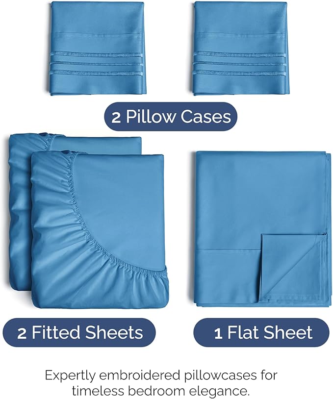 Split King Size 5 Piece Sheet Set - Comfy Breathable & Cooling Bed Sheets Set - Hotel Luxury Bedding for Women, Men, Kids, Teens, Boys & Girls - Deep Pockets and Wrinkle Free - Oeko-Tex - Denim Blue