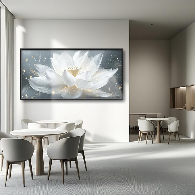 Olivine Zen Wall Art, Lotus Pictures Wall Decor, White and Golden Lotus Painting Flower Canvas Prints, Framed Artwork for Bedroom Bathroom Living Room Dining Room Office Home Decoration 60"x30"