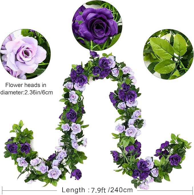 JUSTOYOU 2 Pack (15.8FT) Fake Rose Garland, Artificial Roses Vines Flower Garland Hanging Floral Vine Wedding Home Backdrop Party Arch Arrangement Decoration