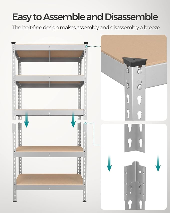 SONGMICS 5-Tier Storage Shelves, Load 2310 lb, Garage Storage, Boltless Assembly, Adjustable Shelving Unit, 11.8 x 29.5 x 59.1 Inches, for Study Shed Basement, Silver and Natural Beige UGLR300E01