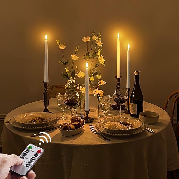 Homemory 11 inches Waxy Battery Operated Taper Candles with Remote Timer Dimmer, 6 Pcs Flameless Taper Candles with Flickering Flame, White Candlesticks Battery Powered for Ceremony Memorial Decor