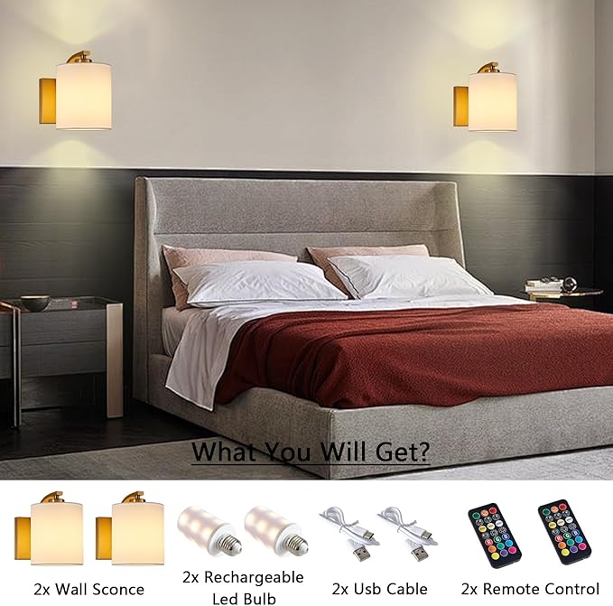 Battery Operated Wall Sconce Set of 2, Brushed Gold Cordless Rechargeable Wall Sconces with Dimmable LED Bulb, 13 Colors Wall Lights for Bedroom Living Room Hallway