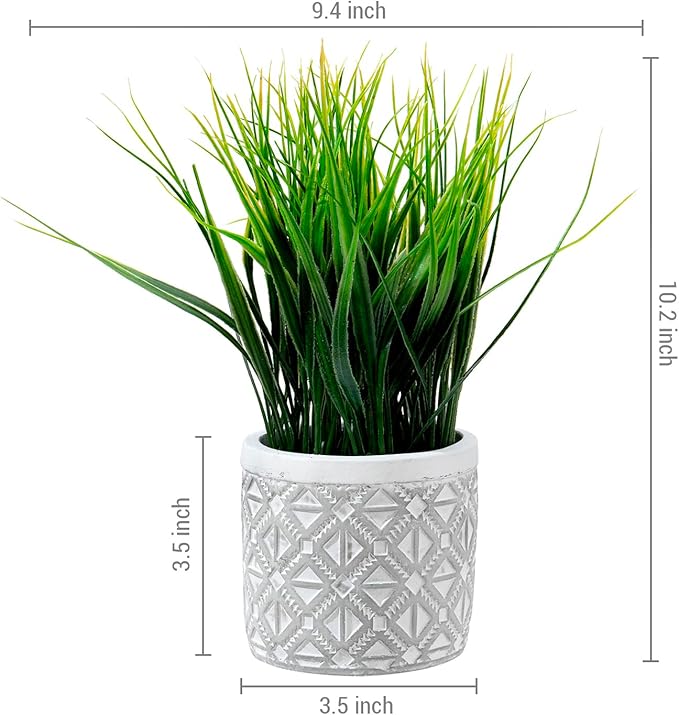 MyGift Artificial Grass Plant in Modern Gray Concrete Pot with Geometric Embossed Pattern, Tabletop Faux Greenery in Decorative Round Cement Planter, Set of 2
