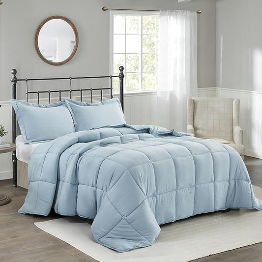 HIG Pre Washed Down Alternative Comforter Set Full - Reversible Chic Quilt Design - Box Stitched with 4 Corner Tabs - Lightweight for All Season - Blue Duvet Comforter with 2 Pillow Shams