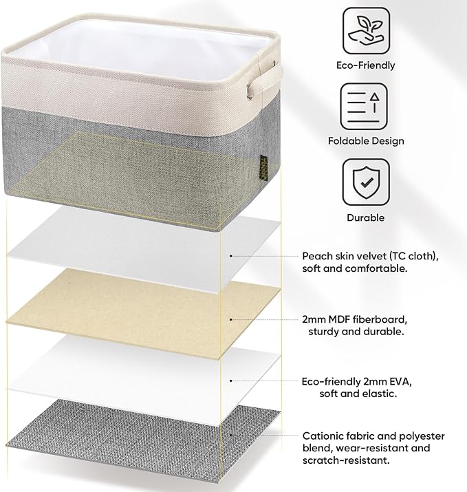 BALEINE 2 Pack Fabric Storage Bins for Shelves, Linen Storage Baskets for Organizing, Decorative Closet Bins for Clothes, Home (Grey, 15"x11"x9.5")