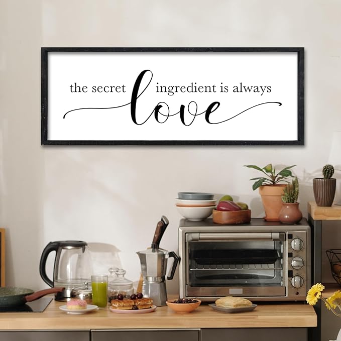 Surfapans The Secret Ingredient Is Always Love Sign Wall Art Decor 32"×12" for Kitchen Dining Room Large Wood Framed Hanging (Black)