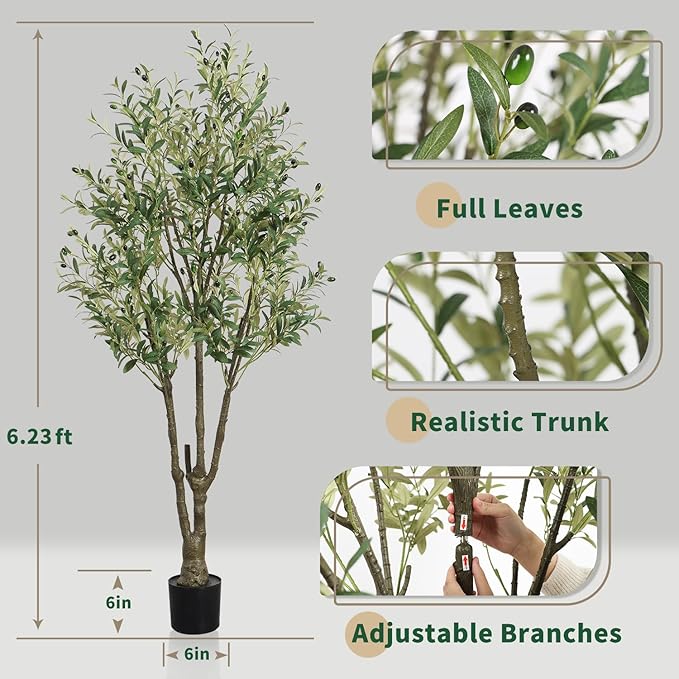 Faux Olive Tree 6ft(72in) Tall Artificial Plant Indoor Decor Large Realistic Potted Fake Modern Greenery with Natural Wood Branches and Green Leaves for Home Living Room,Bedroom,Office Decor.