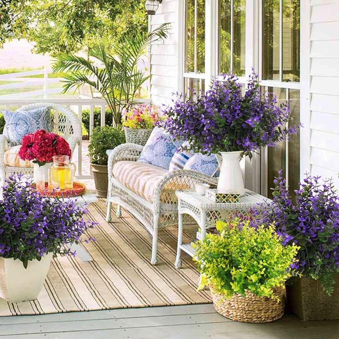 RECUTMS Artificial Fake Outdoor Plants Flowers for Spring Decoration, Faux Plastic Plants Outdoor Flower UV Resistant Realistic for Home Outside Planter Window Porch Patio Garden(Purple Eucalyptus)
