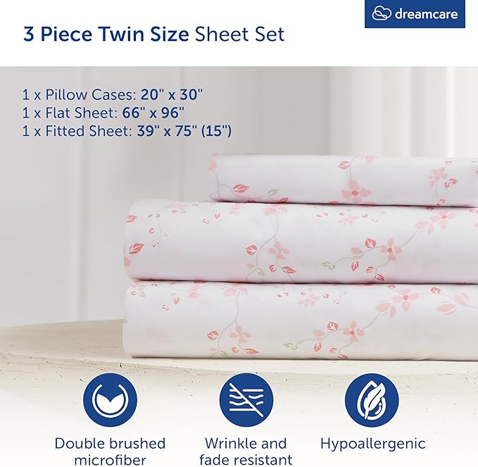 DREAMCARE Twin Sheets - Cooling Bed Sheets - Twin Sheet Set - Soft & Long Lasting 100% Fine Brushed Floral Blossom Sheets