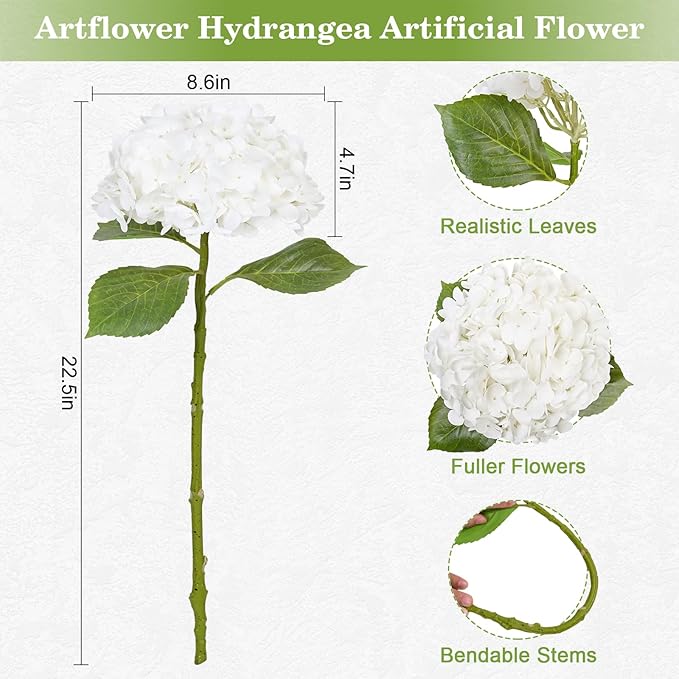 Artflower 4Pcs Real Touch Hydrangea Artificial Flowers, 22.5'' White Full Latex Faux Hydrangea Flowers for Home Floral Arrangements Wedding Bouquets Kitchen Table Centerpiece Decorations