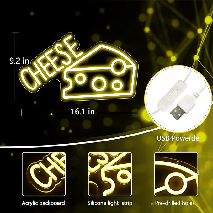Balanar CHEESE Neon Signs For Wall Decor LED Lights For Bedroom Yellow Neon Sign Suitable for Cheese Shops Bakery Restaurant Christmas Birthday Party Gift Led Art Wall Decorative