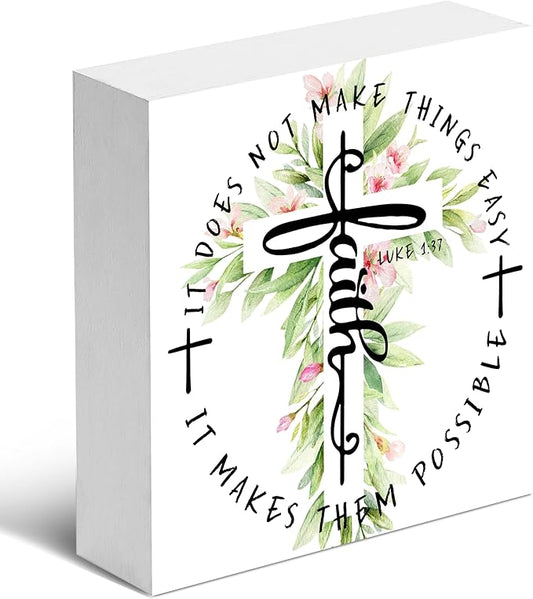 Christian Gifts: 'Faith' Luke 1:37 Wooden Box Sign Decor - Thanksgiving & Christmas Gifts, Christian Home Decor for Family & Friends