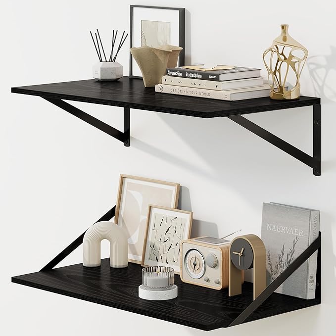 Fun Memories Floating Shelves for Wall, 12 Inch Deep Floating Shelves Set of 2, 24W x 12D Large Wall Shelf with Sturdy Metal Brackets for Living Room, Bathroom, Bedroom and Kitchen, Black