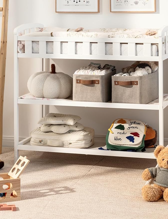 StorageWorks Narrow Storage Bins, Small Basket for Closet and Shelves, Rectangular Fabric Organizer with Handles, Toilet Paper Storage, Brown and Beige, 2-Pack