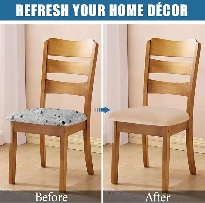 Smiry Velvet Seat Covers for Dining Room Chair Set of 2, Stretch Fit Removable Washable Chair Seat Cushion Protector Slipcovers with Ties, Beige