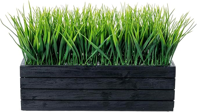MyGift 14 Inch Artificial Green Grass Plant in Vintage Black Wood Planter Window Box, Faux Greenery in Decorative Rectangular Crate Style Wooden Container