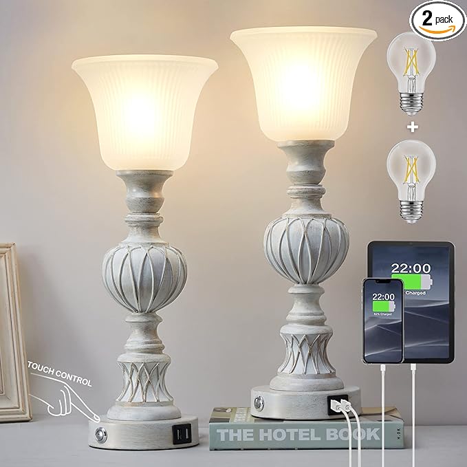 Luvkczc Touch Tall Lamps Set of 2, 18" Tall 3-Way Bedside Lamps with Glass Lampshade for Bedroom Living Room Farmhouse Office, Rustic Resin Table Lamps & Washed White