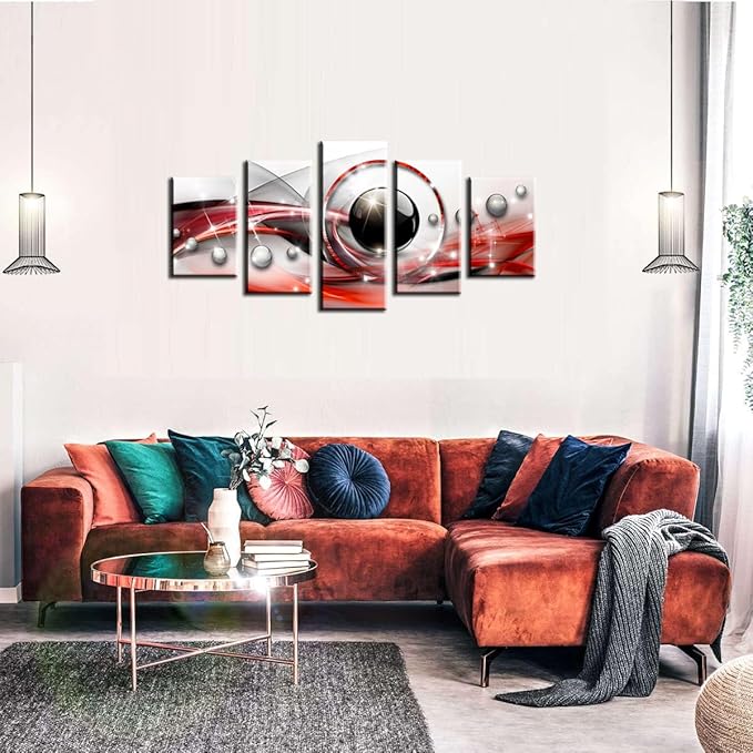 AWLXPHY Decor Abstract Canvas Wall Art Orange Red Black Gray Framed Painting for Living Room Decor Modern Colorful Simple Circle Round Line HD Print Artworks Giclee 5 Pieces (Black, W40 x H20)…