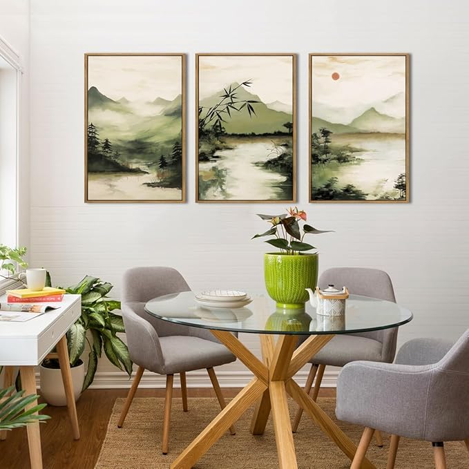 ANHUIB Green Mountain Wall Art Japanese Misty Landscape Wall Decor Foggy Forest Painting 16x24 Inch for Living Room Bedroom Bathroom