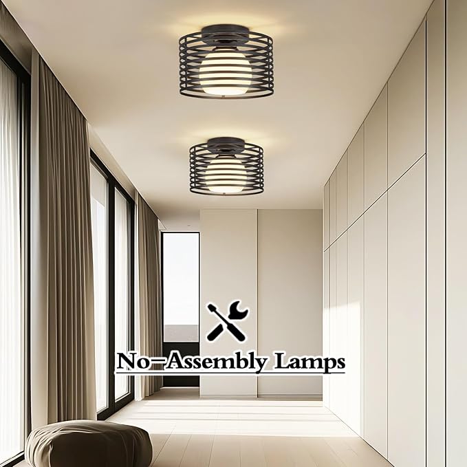 Modern Industrial Matte Black Small Semi Flush Mount Ceiling Light Fixture,Close to Ceiling Lamp Lighting Fixtures With Milk Glass Cover,for Closet Hallway Bathroom Foyer Entryway Pantry Laundry room