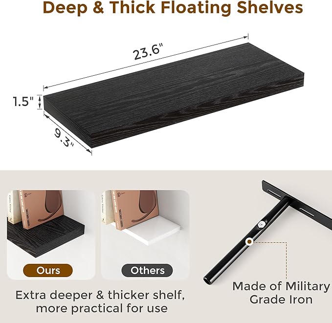 Fun Memories Black Floating Shelves for Wall, 24 x 9.3 x 1.5 Large Floating Shelf Set of 2, 9.3 Deep Wall Shelf for Kitchen, Living Room, Rustic Black Shelves for Home Decor & Storage