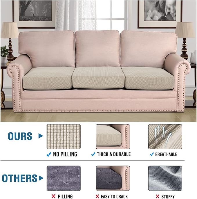 H.VERSAILTEX Super Stretch Individual Seat Cushion Covers - Sofa & Couch Cushion Slipcover Sets - Thick Jacquard Textured Twill Fabric (3 Piece XL Sofa Cushion Covers, Island Fossi)