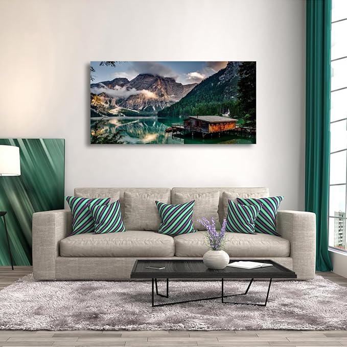 Green Lake Mountain Pictures Canvas Wall Art for Living room Bedroom Wall Decor, Mountain Wall Art Print Paitnings for home Decor,Morden Artwork House in the lake Landscape Canvas Art