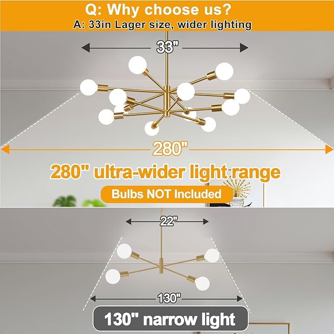 33" Modern Chandelier Ceiling Light Fixture, 12-Light Sputnik Chandeliers Brushed Gold Mid Century Chandelier Over Table, Height Adjustable Chandeliers for Dining Room Living Room Kitchen Island
