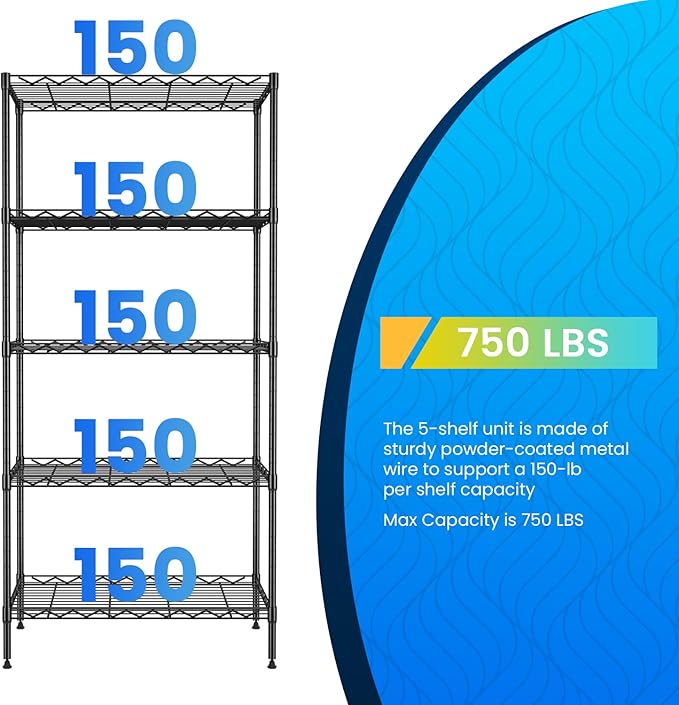 PayLessHere | 5-Tier Wire Shelf | 21"x11"x48" | Black | Adjustable Racks | Heavy-Duty Storage Shelves, Holds Upto 750 lbs | Rust-Resistant, No-Tool Assembly | for Home, Garage Shelving