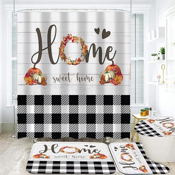 FZDHHY 4PCS Fall Bathroom Set Pumpkin Shower Curtain Set Thanksgiving Bathroom Decor Set Autumn Shower Curtains for Bathroom with 12 Hooks 72x72 inch