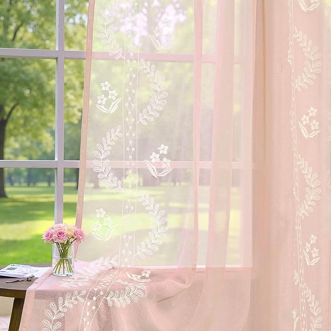 jinchan Belrose Pink Floral Sheer Curtains for Bedroom 63 Inch Long Voile Embroidered Farmhouse Curtains for Living Room Ivory Flower Patterned Rod Pocket Window Treatments, 2 Panels Pink