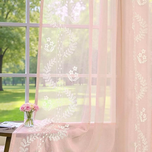 jinchan Belrose Pink Floral Sheer Curtains for Bedroom 63 Inch Long Voile Embroidered Farmhouse Curtains for Living Room Ivory Flower Patterned Rod Pocket Window Treatments, 2 Panels Pink