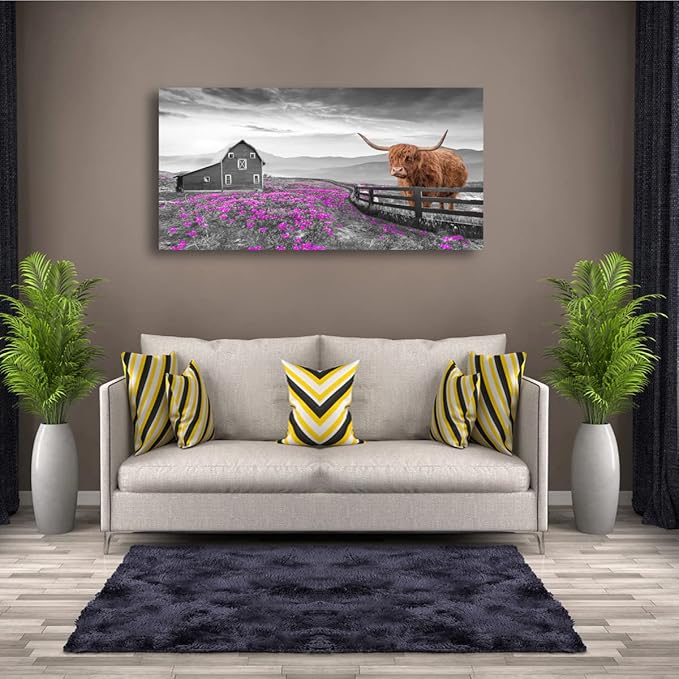 Highland Cow Pictures Canvas Wall Art for Living Room Home Wall Decor Black and White Background Animal Cow Purple Flowers Country Scenery Prints Painting for Bedroom Office Decoration 20x40 inches