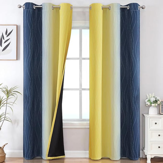 Estelar Textiler Yellow and Navy Blue Ombre Blackout Curtains for Living Room, Thermal Insulated Gradient Blackout Drapes, Full Room Darkening Energy Saving Curtains for Bedroom, 42Wx84L, 2 Panels