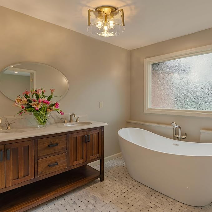 Modern Semi Flush Mount Ceiling Light Fixture, Gold Hallway Light Fixtures Ceiling Mount, Dimmable Foyer Kitchen Lighting Fixtures Ceiling Lights for Bedroom Bathroom Dining Room Laundry Room Entryway