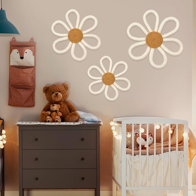 Barydat 6 Pcs Boho Nursery Decor Daisy Flower Woven Macrame Wall Hanging 3 Size Daisy Flower Wall Decor Bohemian Nursery Decorations for Home Dorm Art(White)