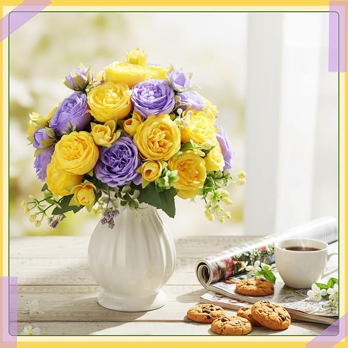 Geosar 16 Bundles Artificial Peonies Flowers Fake Silk Peony Bouquet Faux Peonies Flowers Bulk for Decoration Vase Florals Arrangements Wedding Party Table (Purple,Yellow)