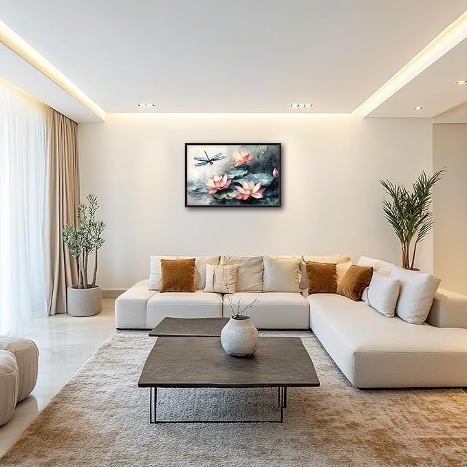 Framed Large Wall Art for Living Room, Lotus Dragonfly Canvas Wall Decor, Floral Zen Pictures Painting, Modern Landscape Artwork for Bedroom Office 36L'' × 24W''