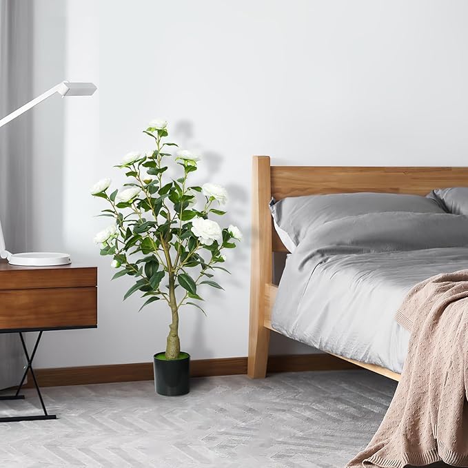 5ft Artificial Camellia Tree with White Silk Flowers - Realistic Faux Flowering Plant for Indoor/Outdoor Decor, Home Staging & Wedding Centerpieces-1pack