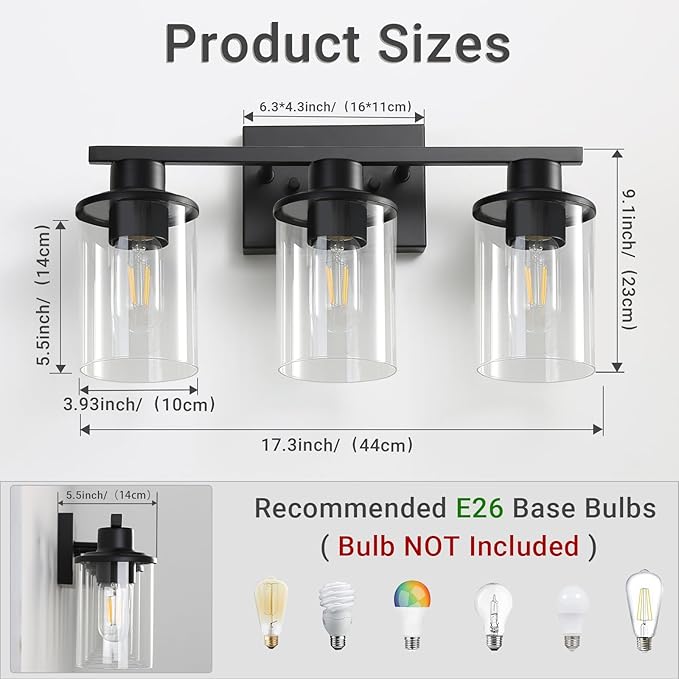 LOUSACE 3 Light Bathroom Vanity Light, Matte Black Bathroom Light Fixtures, Modern Bathroom Lights Over Mirror with Clear Glass Shade, Wall Sconce Lighting for Bedroom Living Room