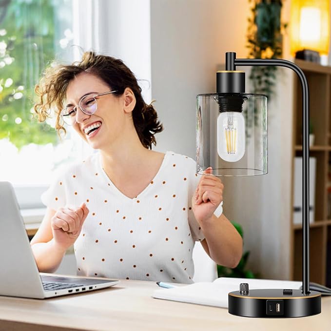 Set of 2 Black and Gold Industrial Table Lamps with USB Port, Fully Stepless Dimmable Bedside Lamps for bedrooms, Nightstand Desk Lamps with Clear Glass Shade for Reading Office 2 LED Bulb Included
