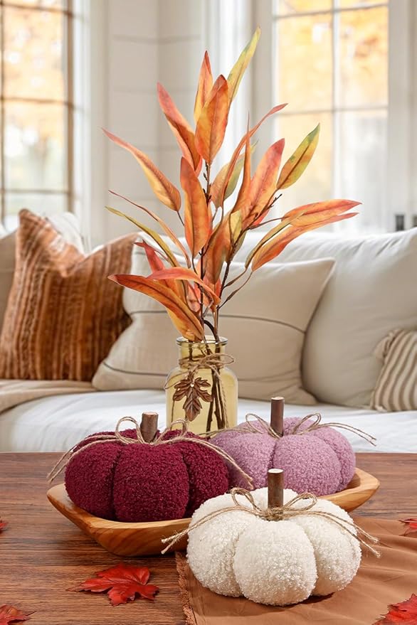 6" Fake Fall Pumpkin Decorations for Home, 3 Pcs Artificial Big Fabric Pumpkins Autumn Decor Faux Pumpkins for decorating, Fall Table Centerpiece Harvest Decor, Halloween Thanksgiving, Burgundy & Pink
